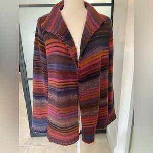 ORVIS Sweater Womens Large Cardigan Wool Blend Striped Southwest Mid-Length